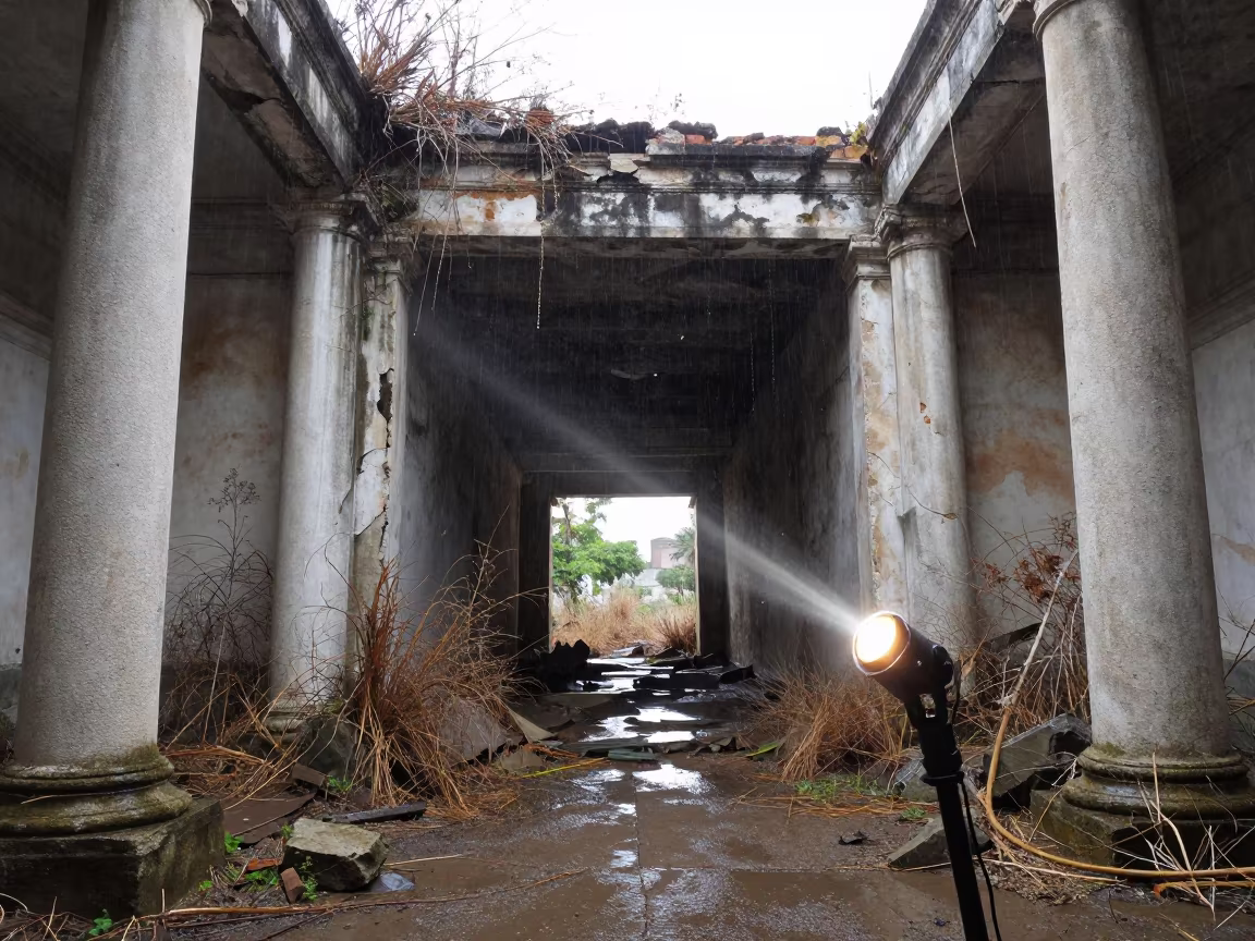 Torch Beam Catches Raindrops in Cuba Ruin Tunnel in among toppled columns and nettles near Pinar del Río
