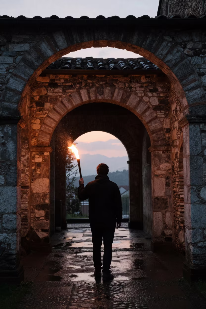 Torch Beam Catches Rain in Lombardy Stone Tunnel in among roofless stone chambers in Lombardy