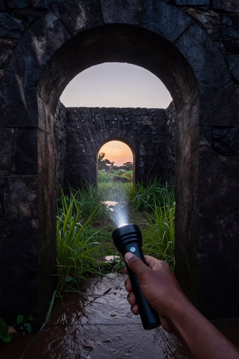 Torch Light on Rain Droplets in Togo Ruins in through a courtyard reclaimed by grasses in Togo