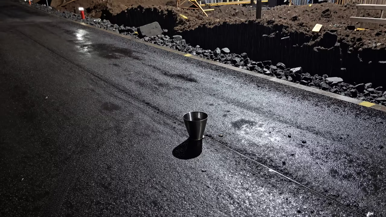 Torch Seam Probe Cup on Wet Construction Floor in inside a taped-off excavation edge in the Canary Islands