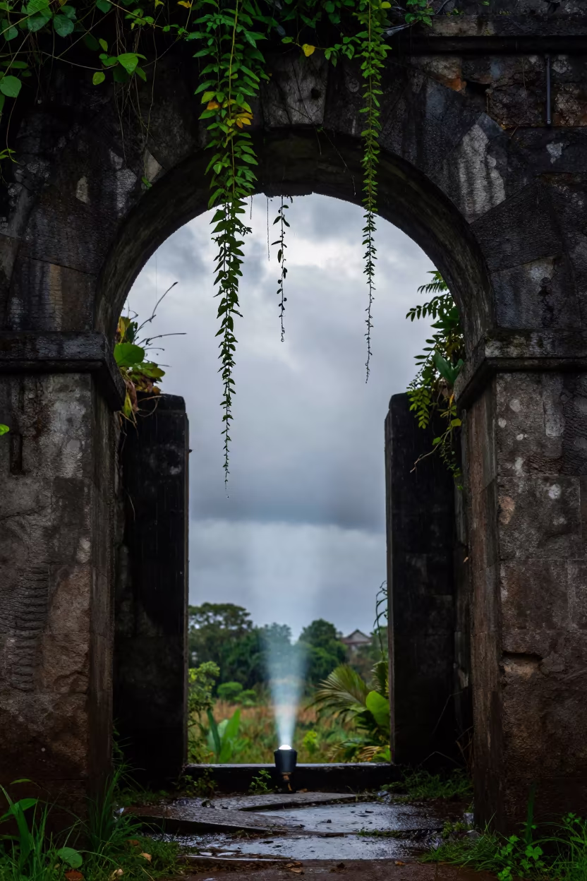 Torchlight Catching Rain in Vine Choked Tunnel in along a vine-choked corridor near Cabinda
