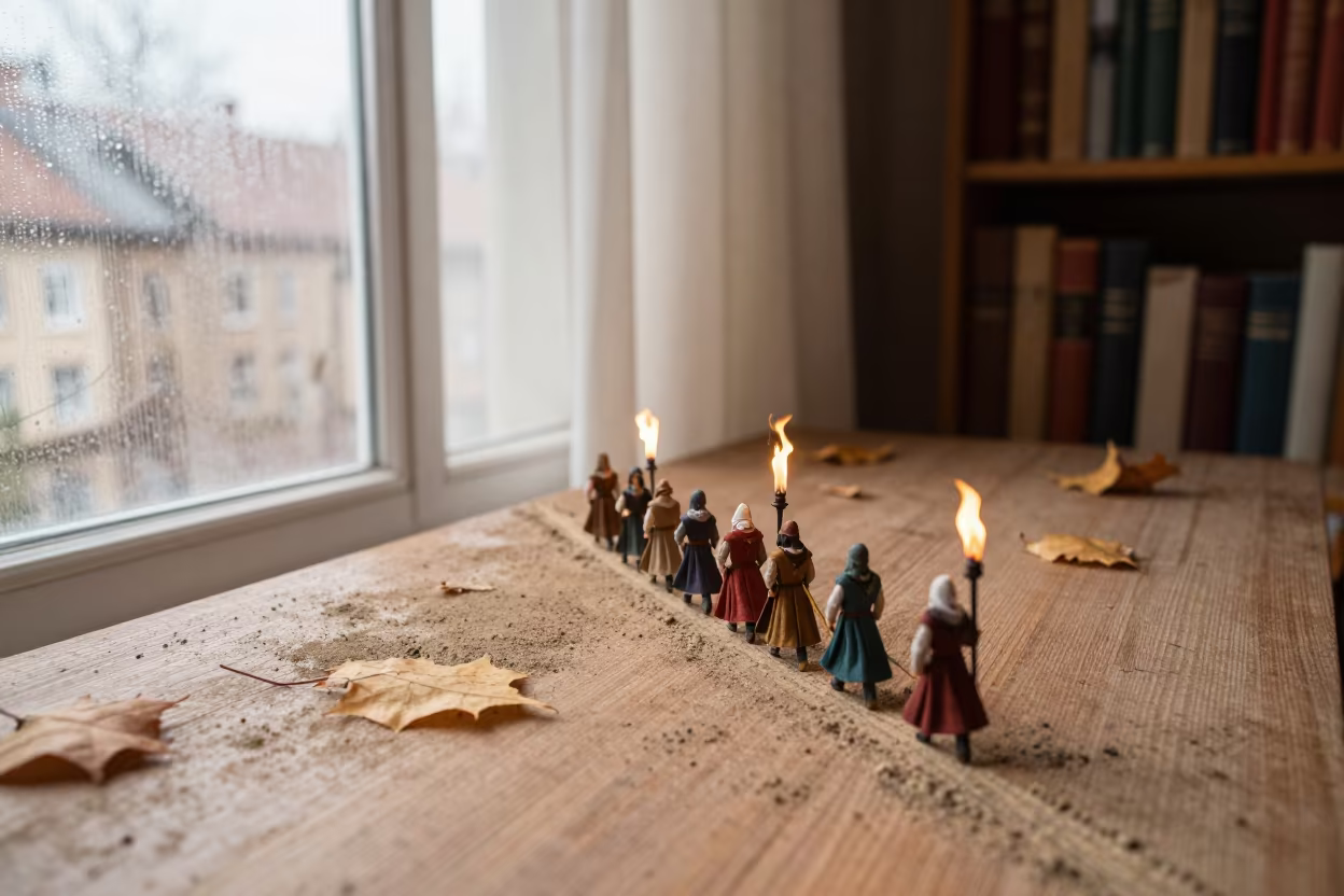 Torchlit Medieval Procession on Dusty Autumn Library Table in on a dusty library table in Libertad