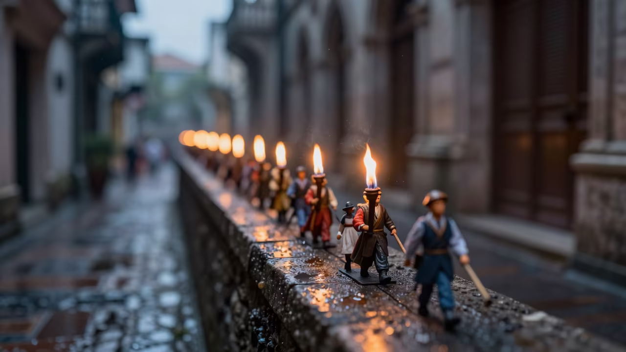 Torchlit Procession on Stone Ledge Quezon City in on a stone ledge in Quezon City