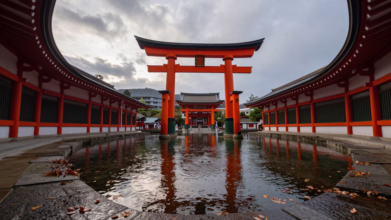 Torii Gate Half-Submerged in Tokyo Atrium Water in inside a vaulted atrium in Tokyo