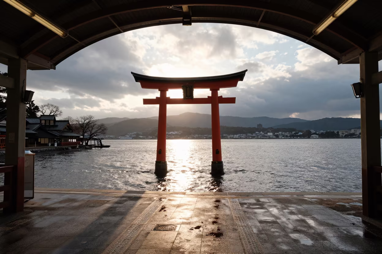 Torii Gate in Shallow Water at Kyoto Sunset in inside a restored train terminal in Gion, Kyoto