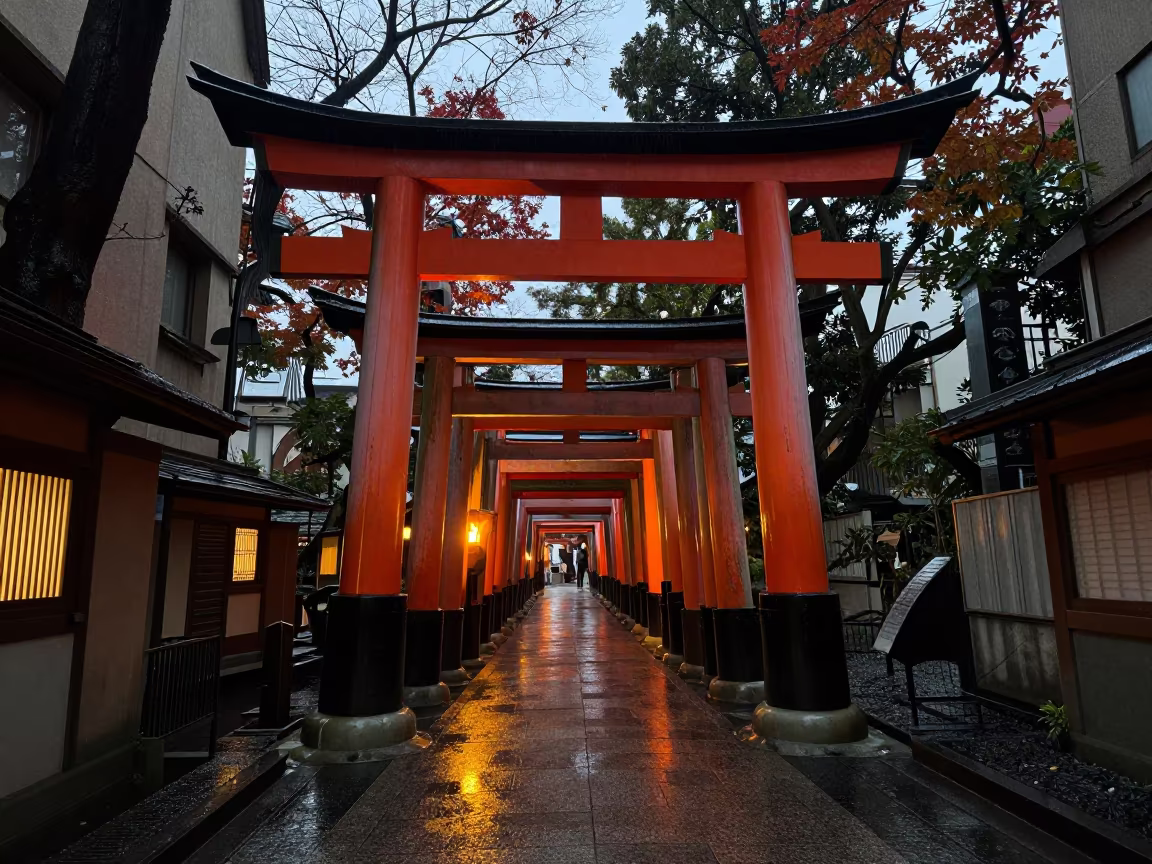 Torii Gate in Tokyo Atrium at Dusk in inside a vaulted atrium in Nakameguro, Tokyo