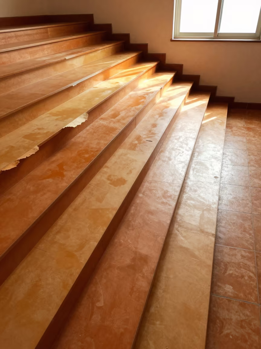 Torn Paper Layers in Guadalupe Stair Hall in inside a tiled stair hall in Guadalupe