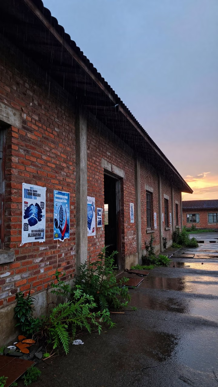 Torn Posters on Abandoned Warehouse in Twilight in near Bordj Bou Arreridj