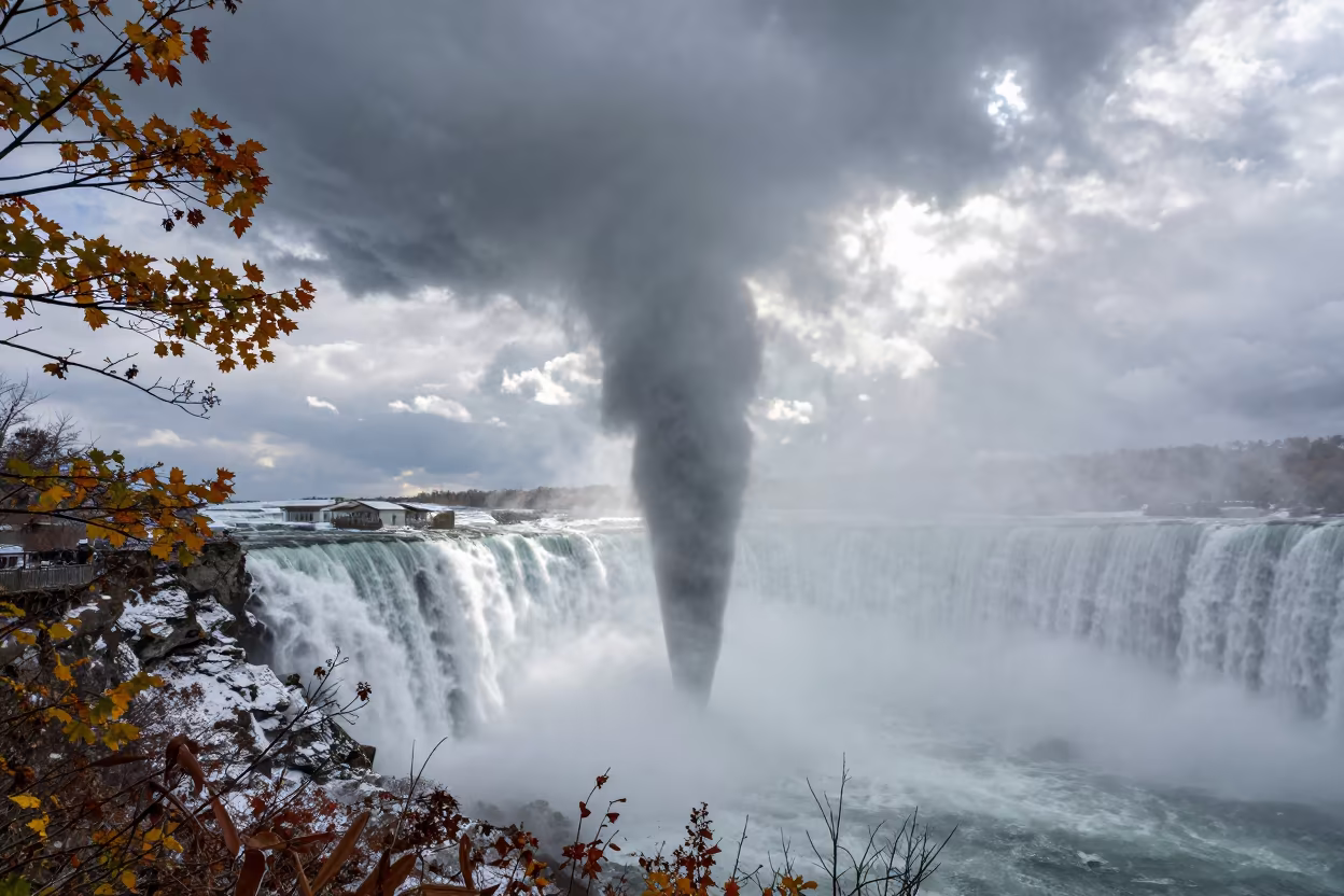Tornado Rope Stage Retreating Near Niagara Falls in beneath fast-moving cloud bands near Niagara Falls