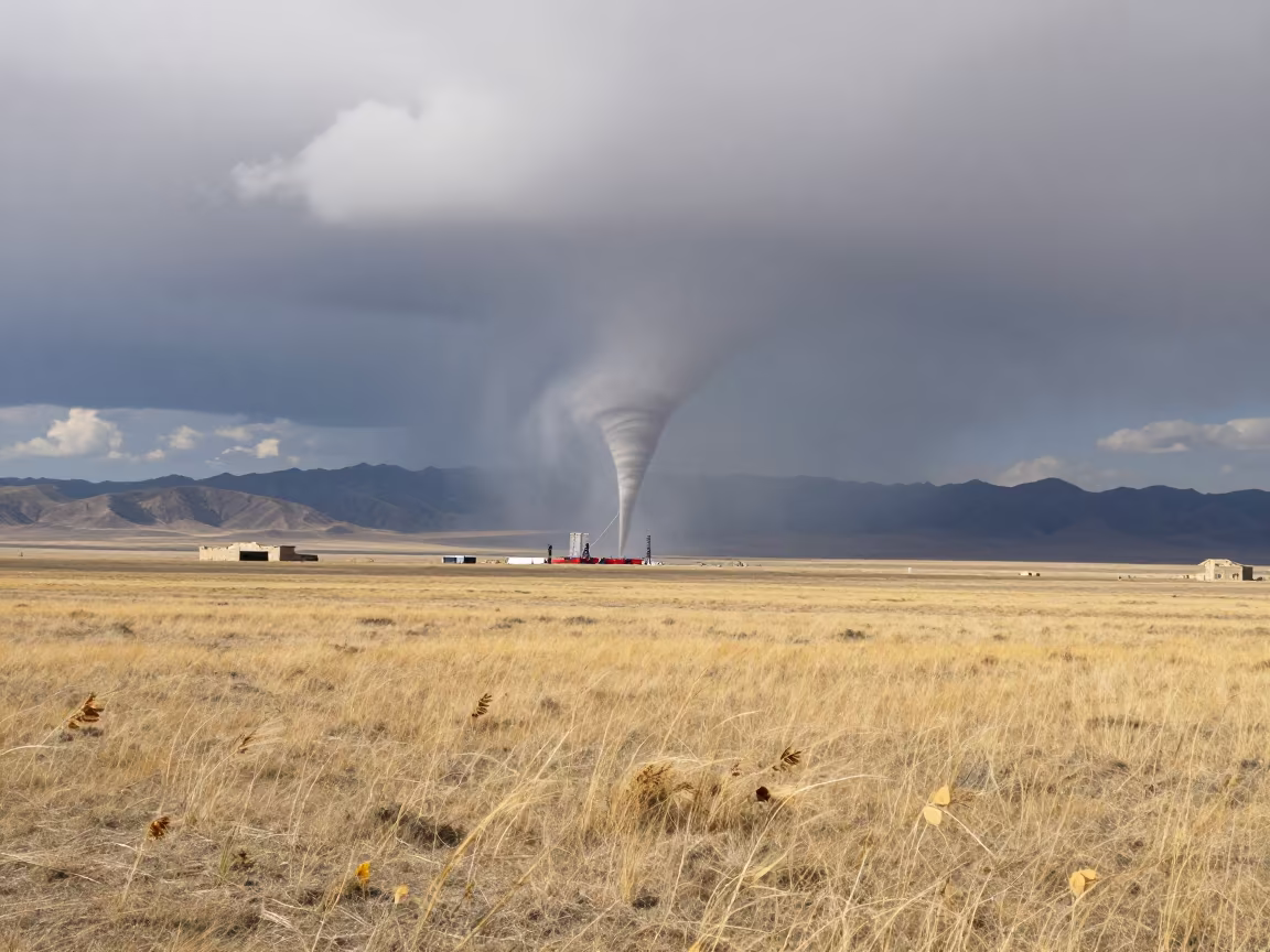 Tornado Rope Stage Retreating Over Dry Kyrgyz Steppe in beneath fast-moving cloud bands in Kyrgyzstan
