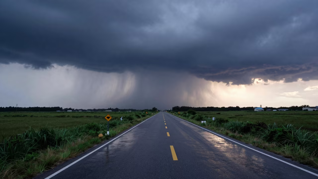 Tornado Touching Down on Okinawa Prairie Road at Dusk in beneath fast-moving cloud bands near Okinawa
