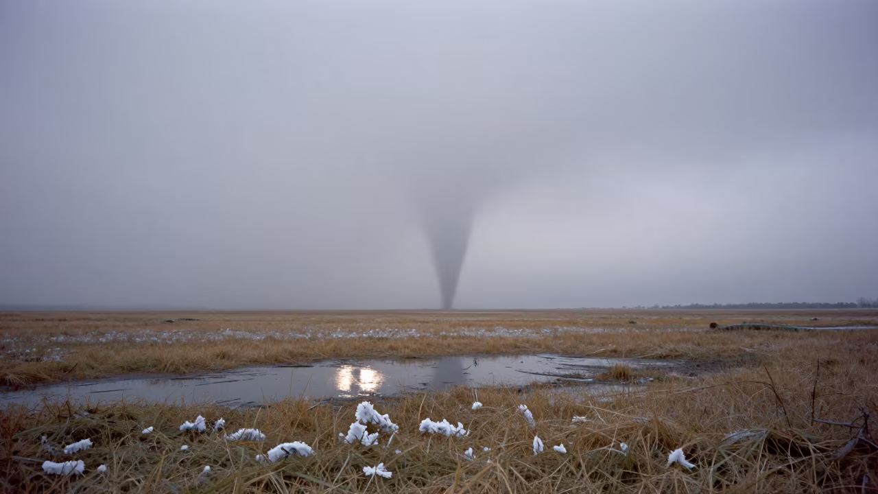 Tornado in Winter Fog Over Oklahoma Plains in through low marine fog in Oklahoma