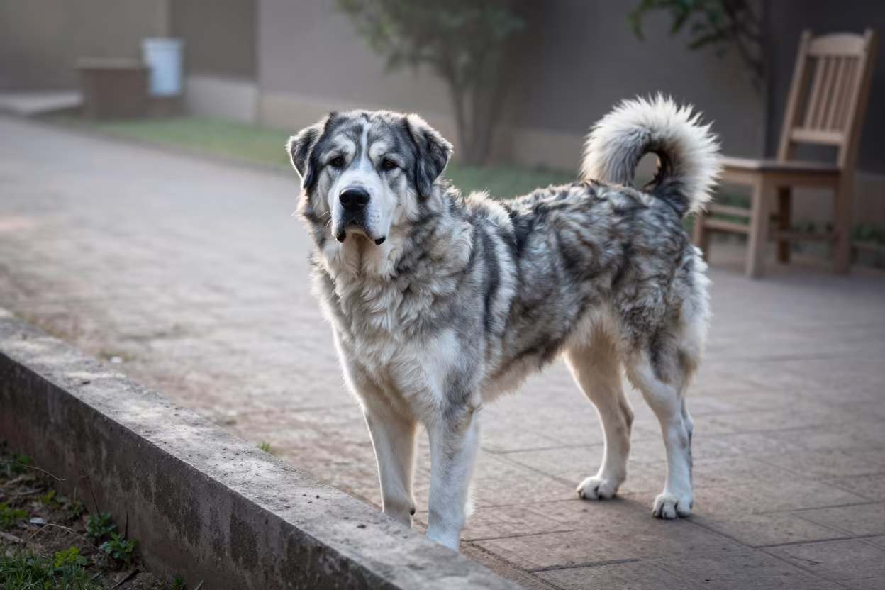 Tornjak Dog Portrait in Khartoum Garden Morning Light in near a garden edge with soft morning light and an uncluttered background in Khartoum