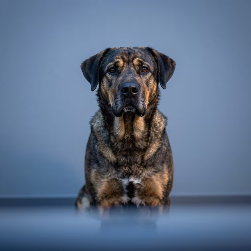 Tornjak Dog Portrait In Soft Indoor Twilight in beside a plain plaster wall in soft indoor light with the animal centered in frame in Port Moresby