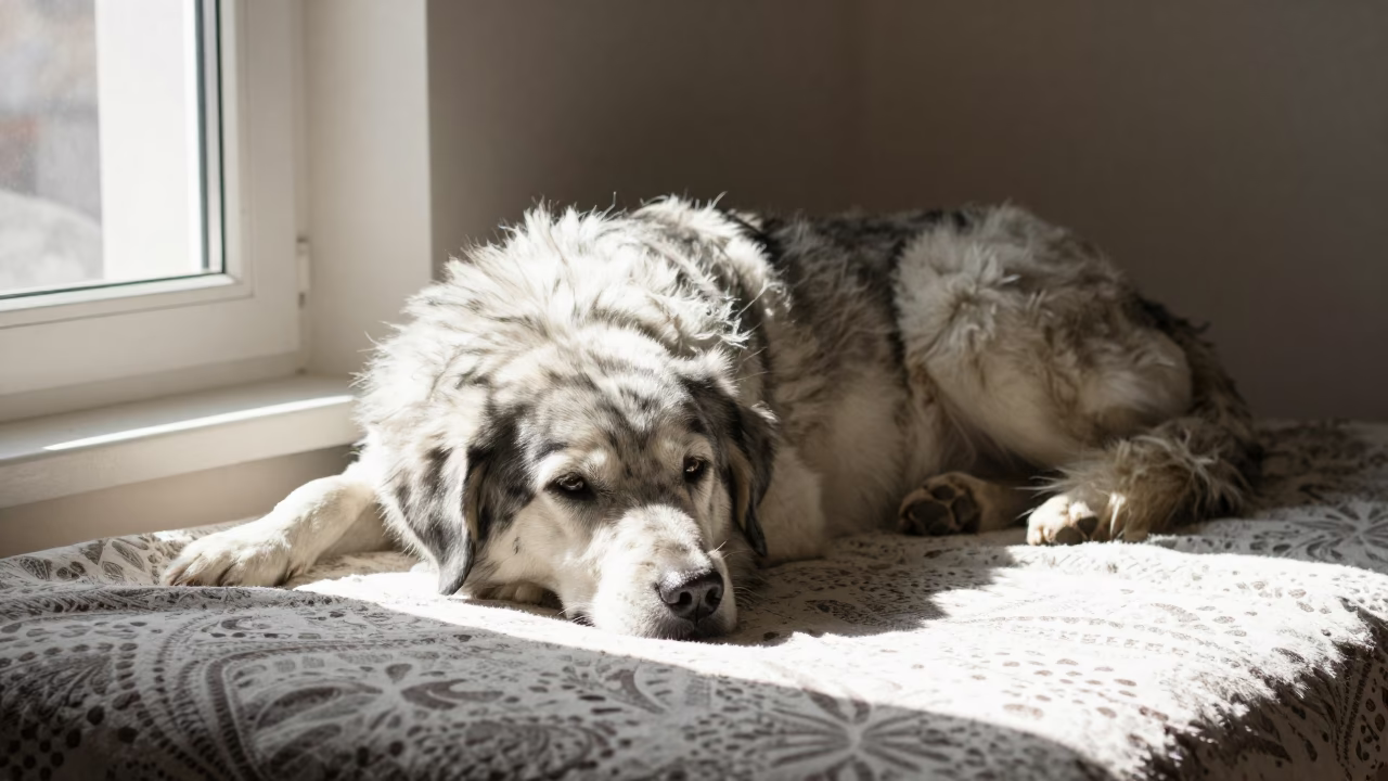 Tornjak Dog Resting on Bedspread in Morning Light in on a bedspread near a bright window with calm indoor light in Kahramanmaraş