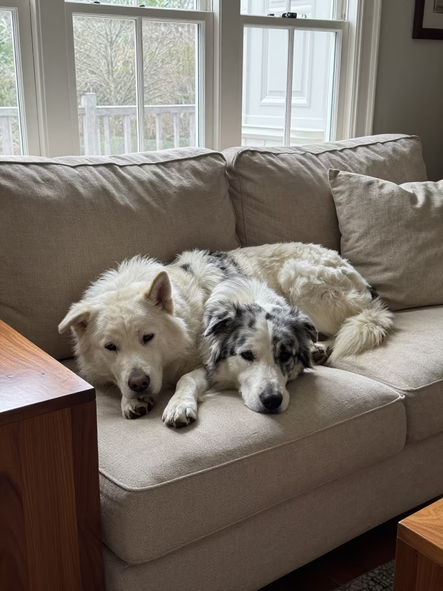 Tornjak Dog Resting on Linen Sofa in Santa Clara in on a linen sofa with daylight from a nearby window near Santa Clara