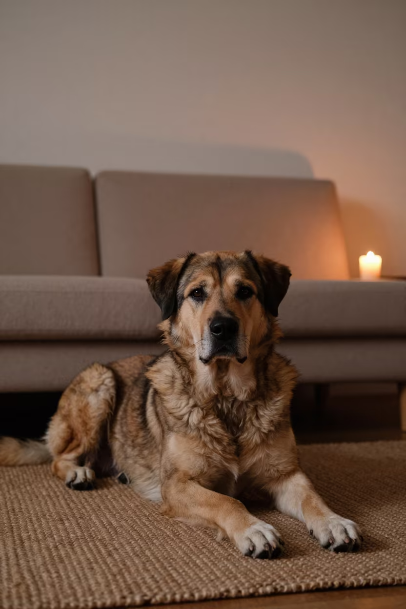 Tornjak Dog Resting on Rug in Zhangjiajie Home in on a woven rug beside a low couch and an uncluttered wall in Zhangjiajie