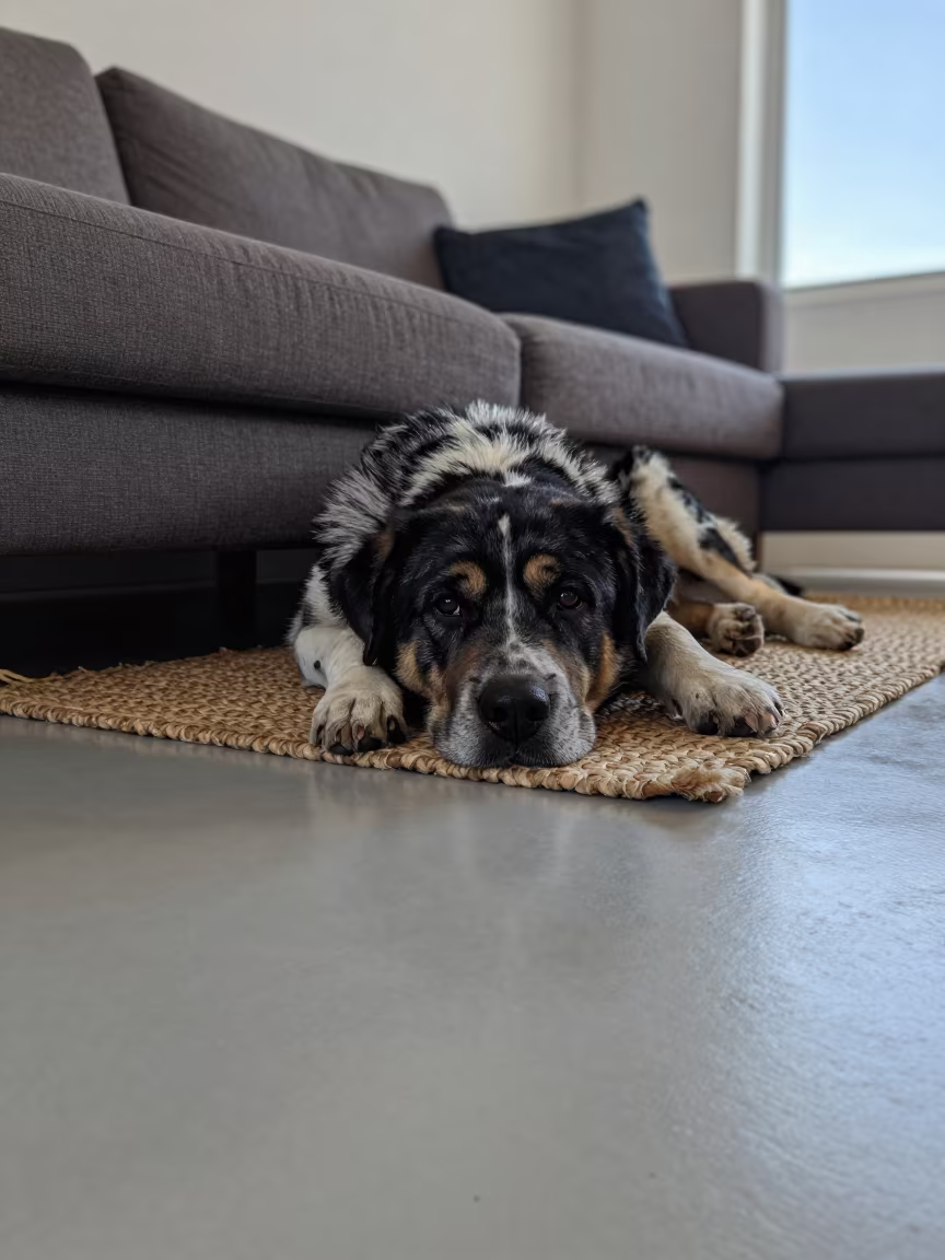 Tornjak Dog Resting on Woven Rug at Dawn in on a woven rug beside a low couch and an uncluttered wall in Port Elizabeth