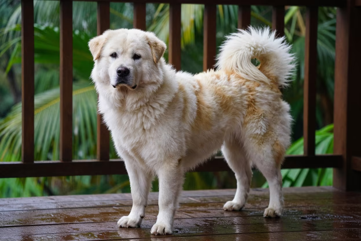 Tornjak Dog with Distinctive Coat on Raipur Porch in on a shaded front porch with boards, railings, and eye-level framing near Raipur