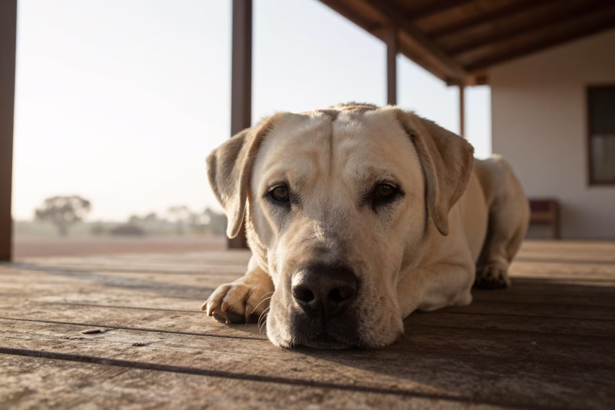 Tornjak Portrait on Freetown Porch in Morning Haze in on a shaded front porch with boards, railings, and eye-level framing in Freetown