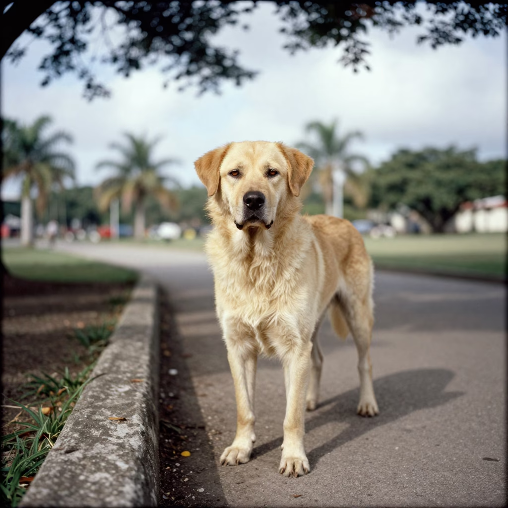 Tornjak Portrait on Quiet Park Path in Guantanamo in along a quiet park path with soft open shade and a clean background in Guantánamo