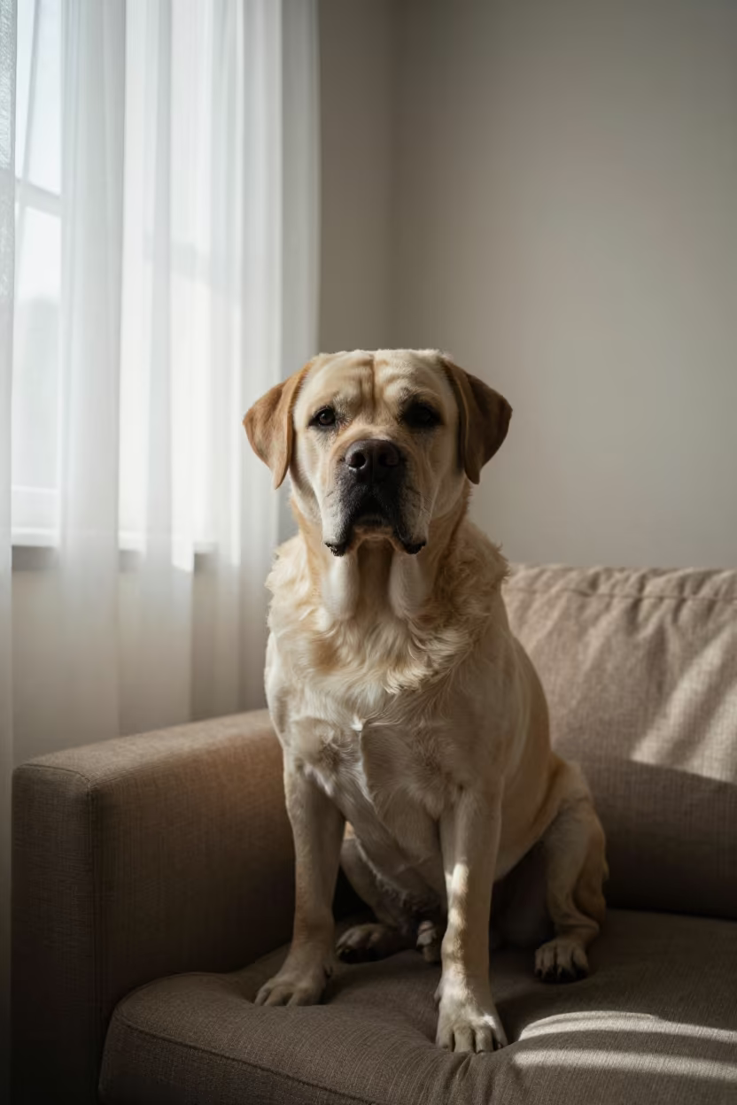 Tornjak Portrait on Sofa Near Pretoria Window in on a sofa near a curtained window with calm indoor light near Pretoria