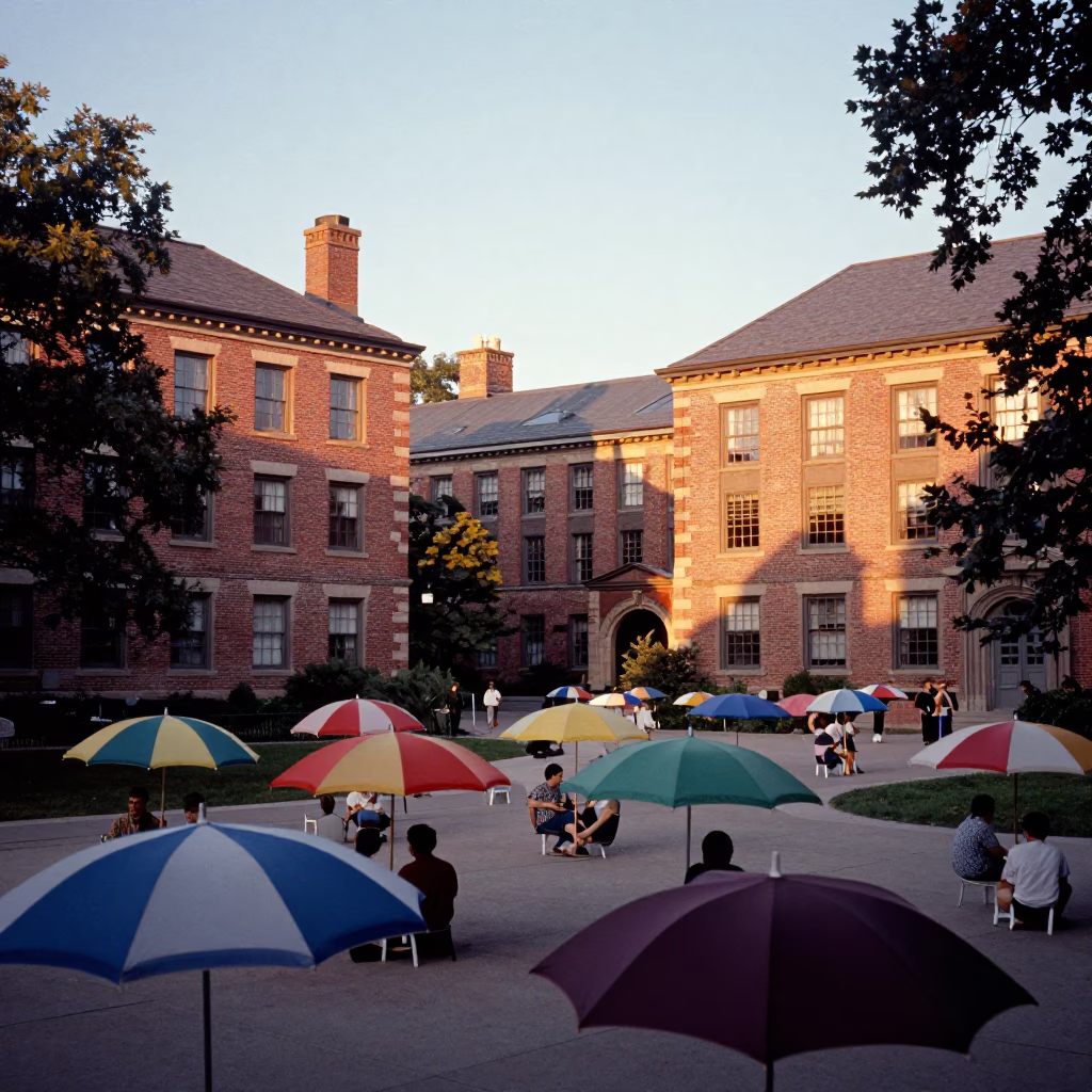 Toronto 1950s Honeyed Evening Light University Courtyard Umbrellas and Wicker Shadows in in Toronto, Ontario, Canada