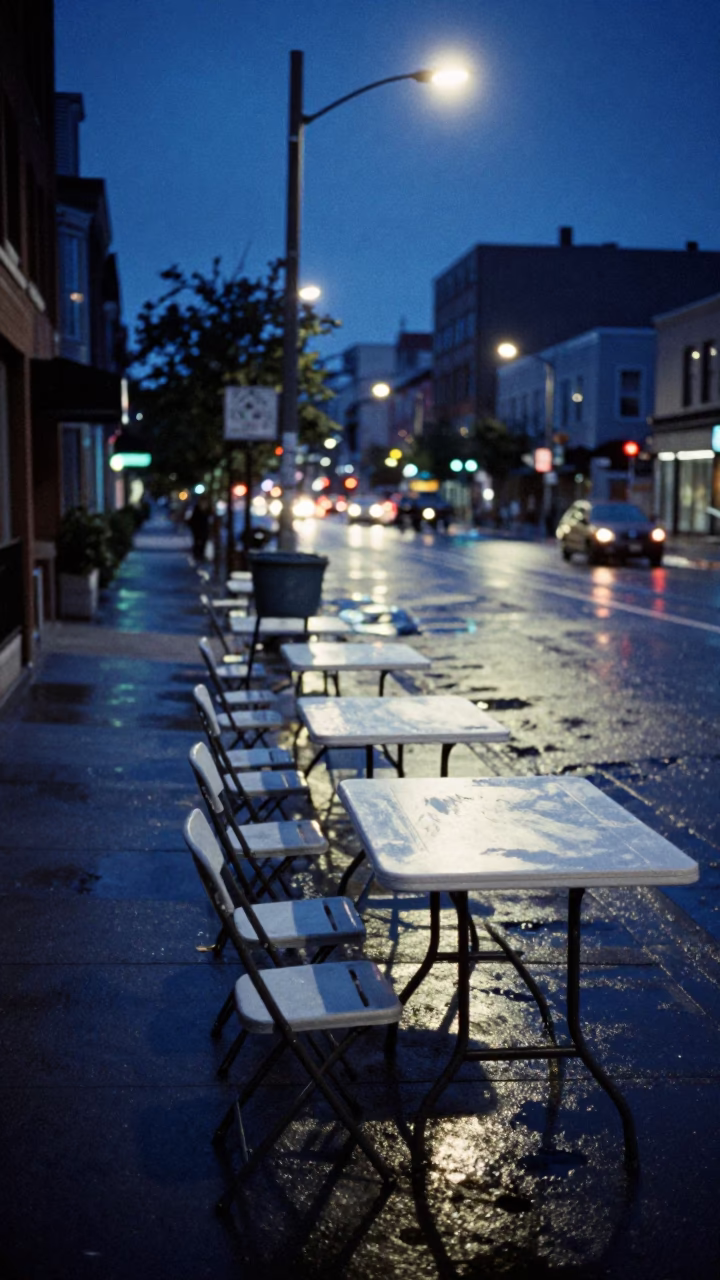 Toronto After Dark Mixed City Light Street Scene with Folding Tables in in Toronto, Ontario, Canada