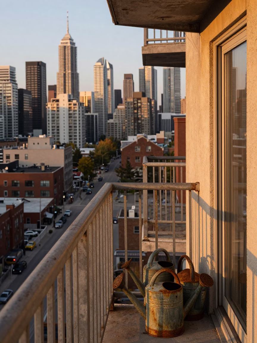 Toronto Balcony Evening with Watering Cans and City Skyline Views in in Toronto, Ontario, Canada