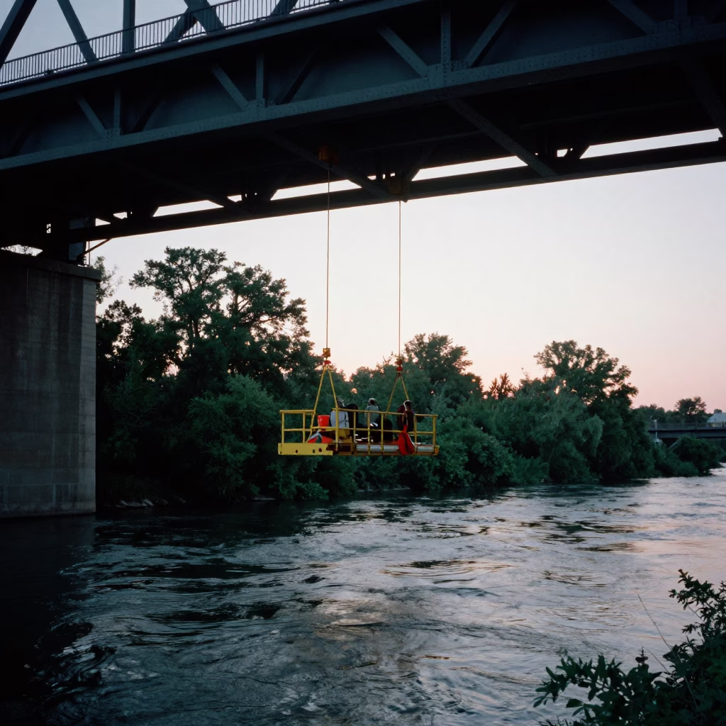 Toronto Before Dawn Bridge Maintenance Cradle Above Green River Water in in Toronto, Ontario, Canada