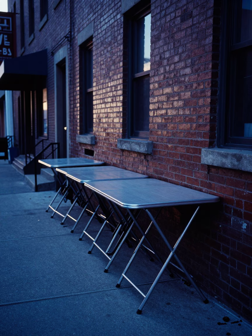 Toronto Before Sunrise Street Scene with Rake Heads and Folding Tables in in Toronto, Ontario, Canada