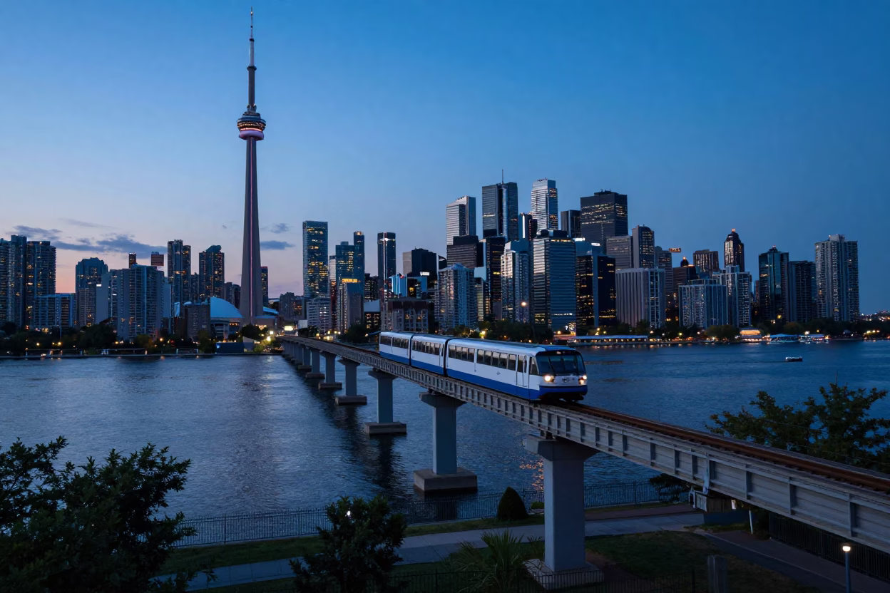 Toronto Blue Hour Cityscape with Sweeping Monorail Over River and Urban Skyline Lights in in Toronto, Ontario, Canada