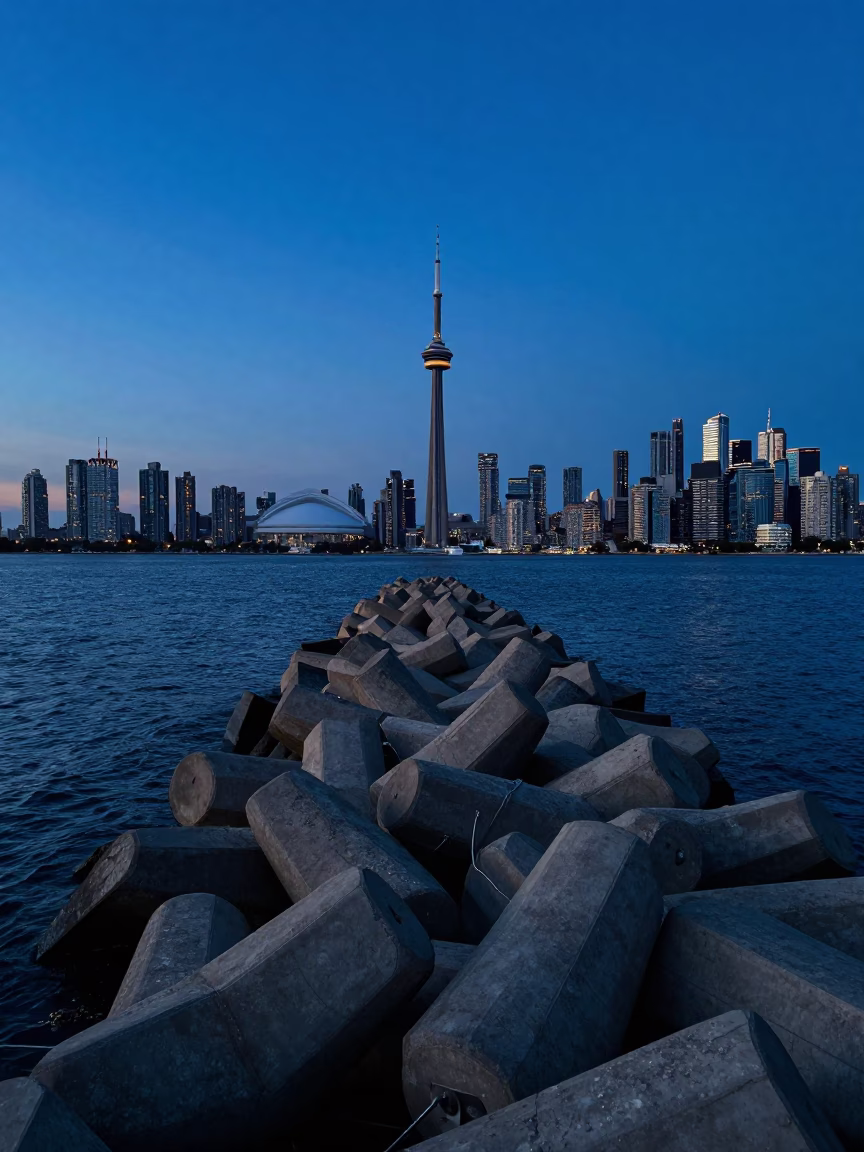 Toronto Blue Hour Harbor Breakwater Sky Fading Above Waterfront in in Toronto, Ontario, Canada