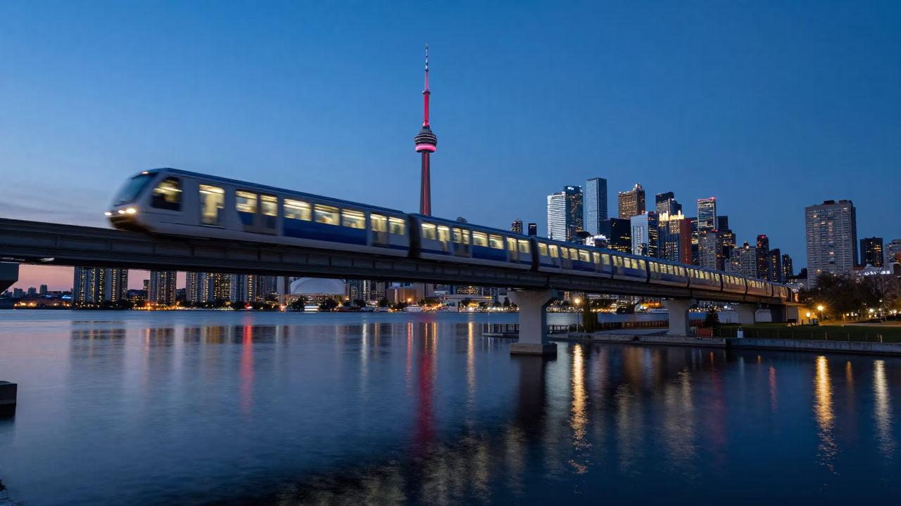 Toronto Blue Hour Monorail Sweep Over River With Urban Skyline Reflections in in Toronto, Ontario, Canada