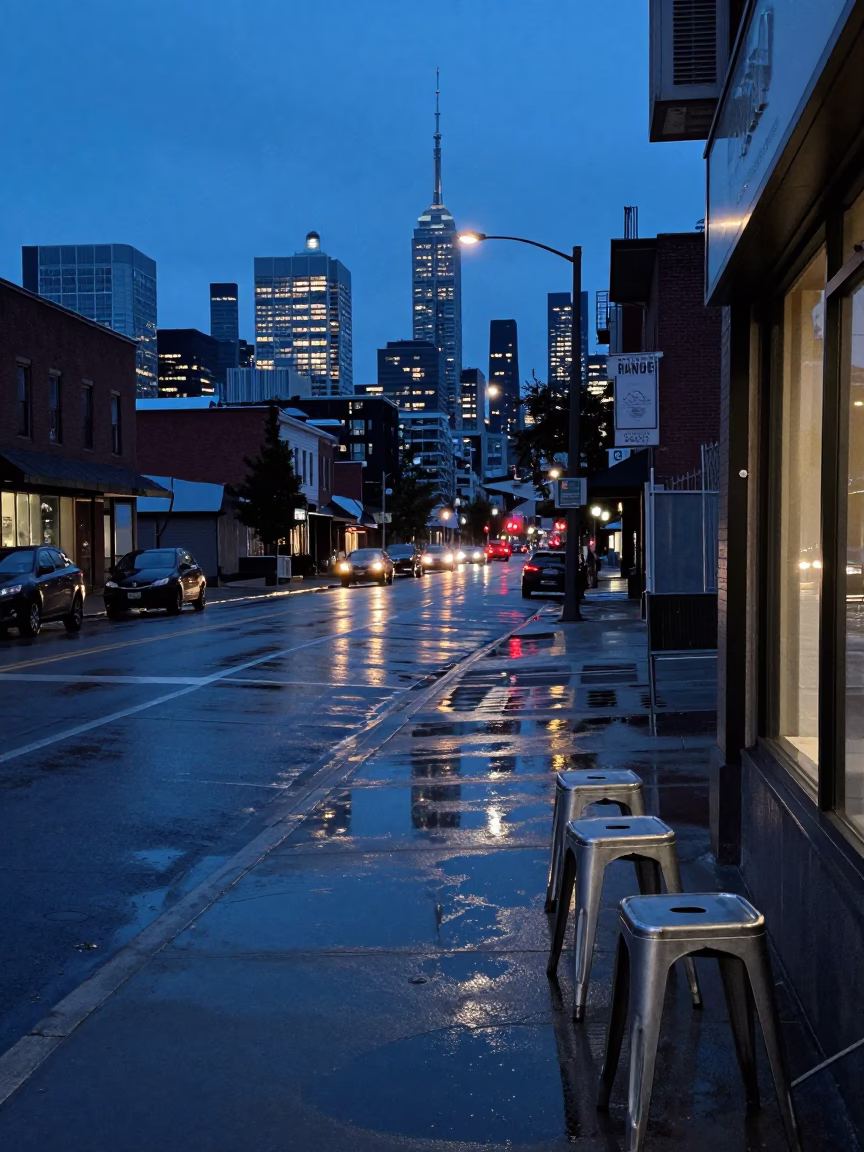 Toronto Blue Hour Skyline Reflection on Wet Street with Metal Stools and Table Fans in in Toronto, Ontario, Canada