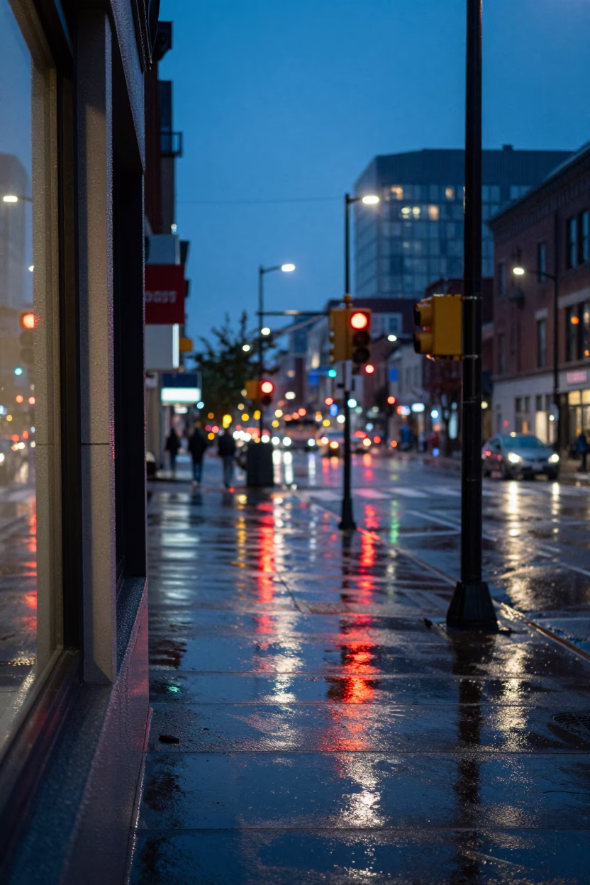 Toronto Blue Hour Street Scene with Condensation and Urban Reflections in in Toronto, Ontario, Canada