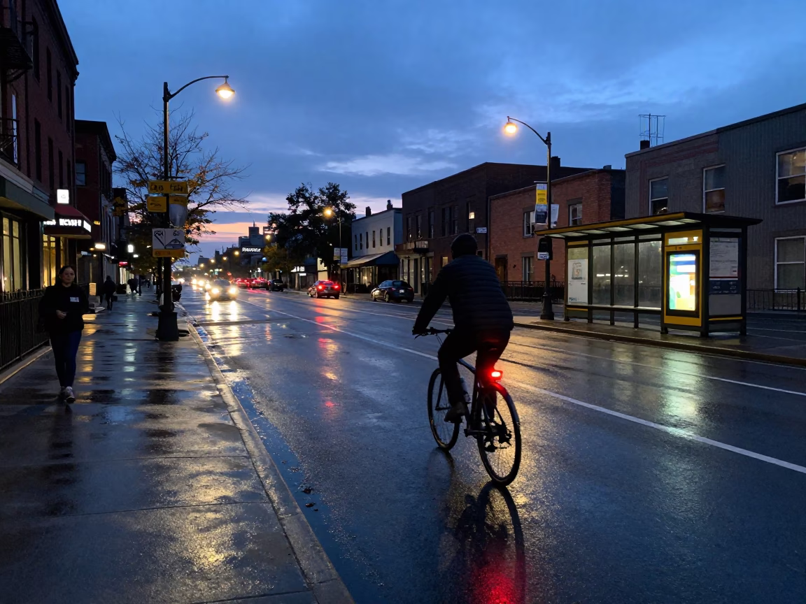 Toronto Blue Hour Street Scene with Cyclist and City Lights in in Toronto, Ontario, Canada