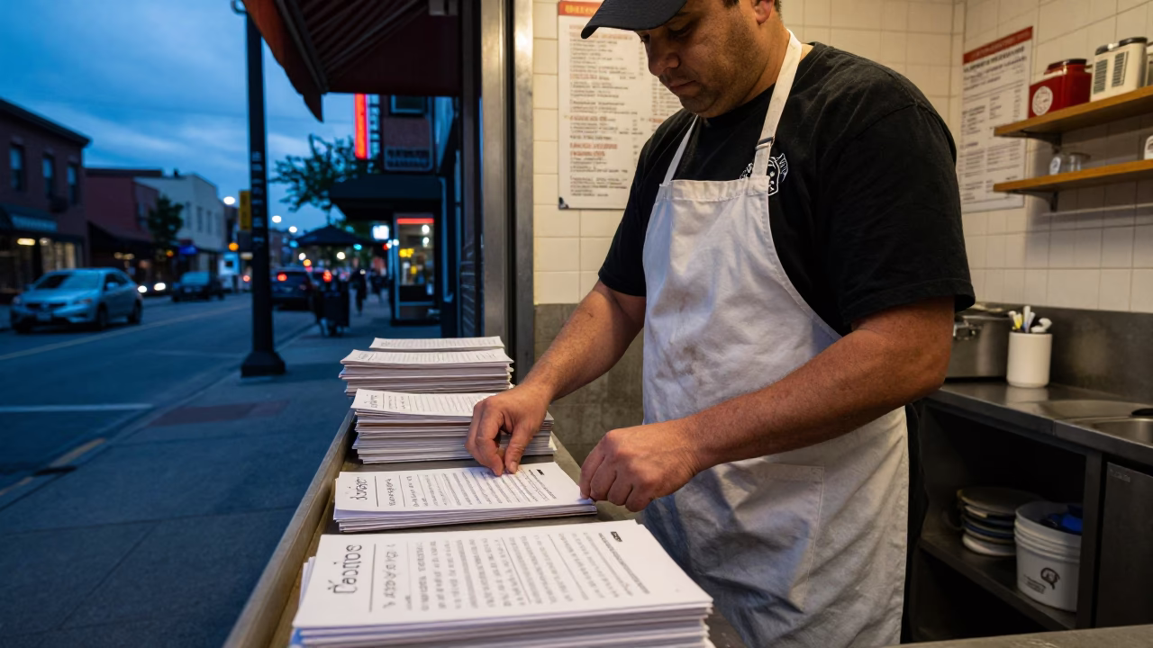 Toronto Blue Hour Street Scene with Diner Apron and Recipe Cards in in Toronto, Ontario, Canada