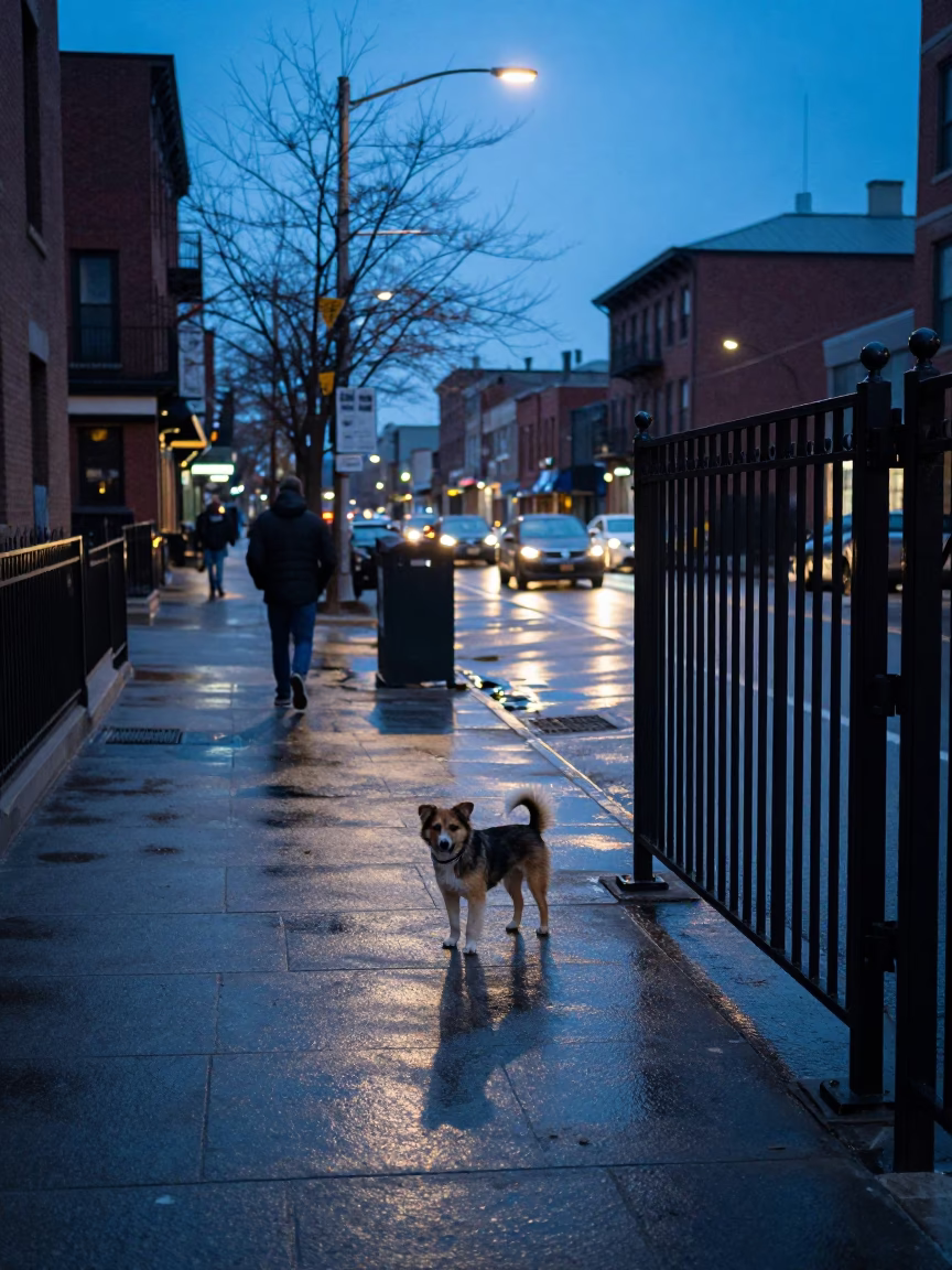 Toronto Blue Hour Street Scene with Dog and Urban Details in in Toronto, Ontario, Canada