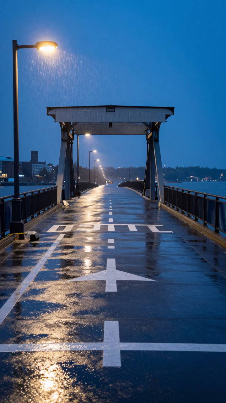 Toronto Blue Hour Street Scene with Drawbridge Deck Markings and Harbor Drizzle in in Toronto, Ontario, Canada