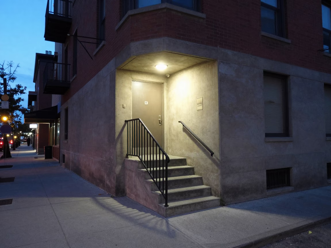 Toronto Blue Hour Street Scene with Stair Rail and Urban Architecture in in Toronto, Ontario, Canada