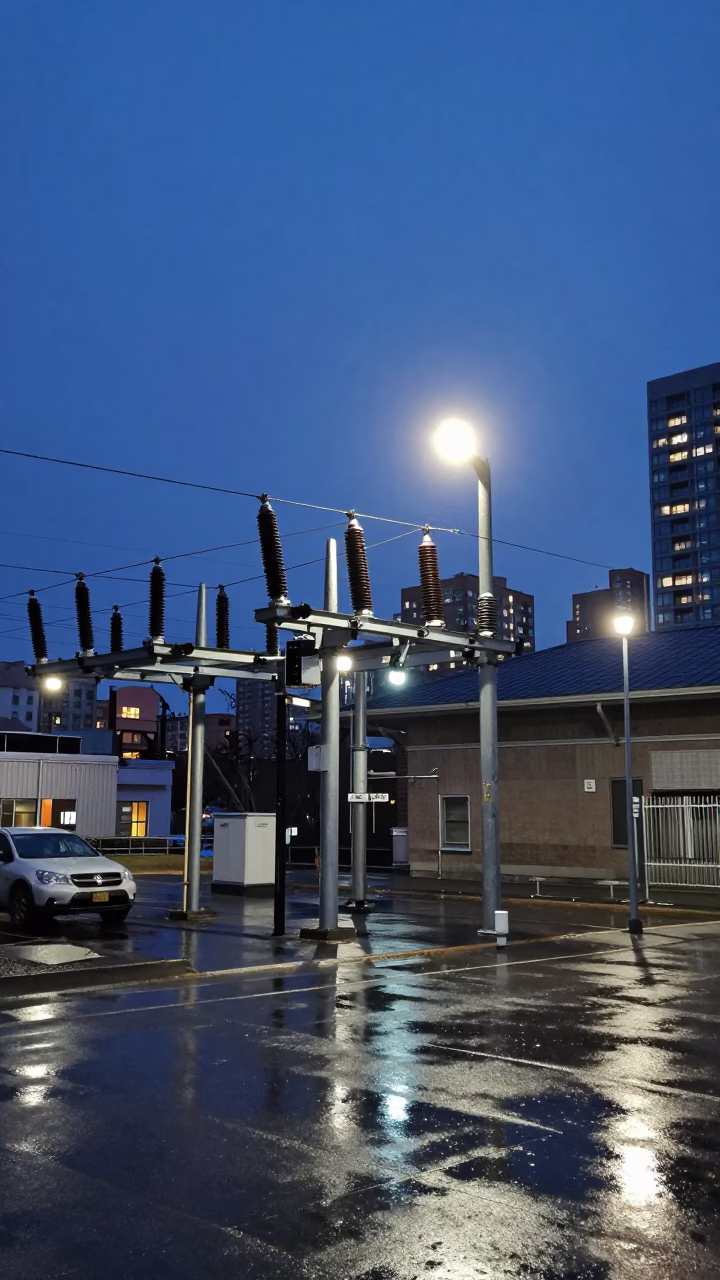 Toronto Blue Hour Street Scene with Substation Insulators and Urban Architecture in in Toronto, Ontario, Canada