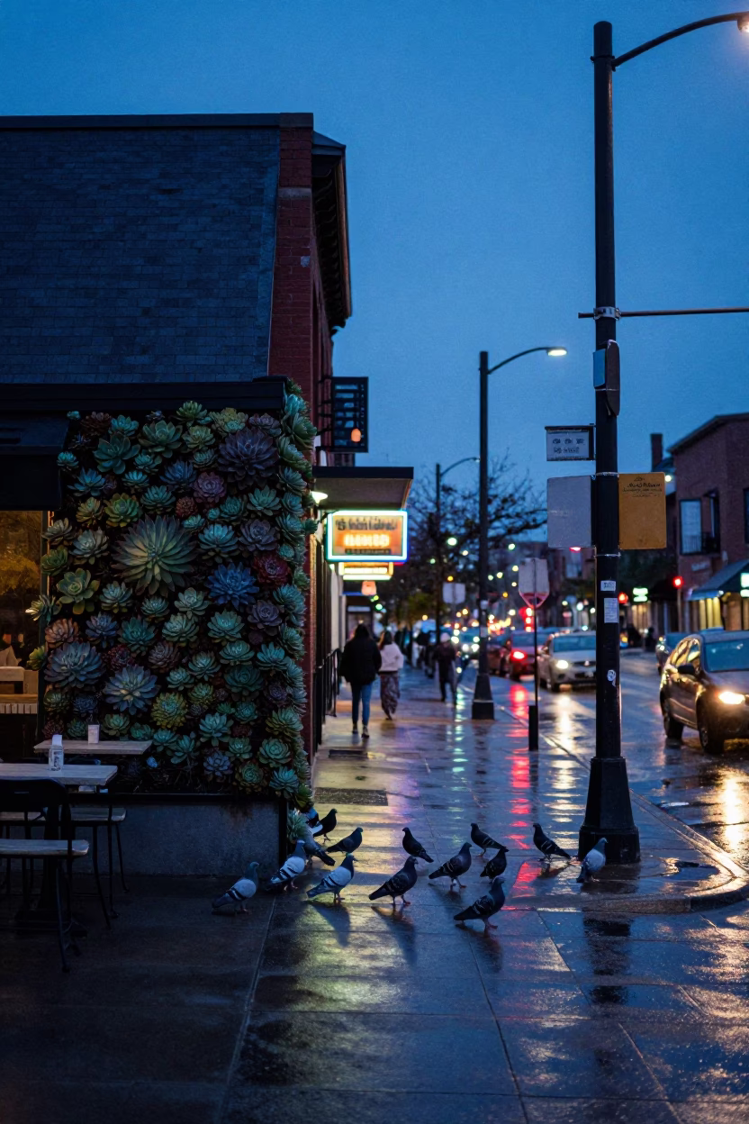 Toronto Blue Hour Street Scene with Succulent Cafe Wall and Pigeons in in Toronto, Ontario, Canada