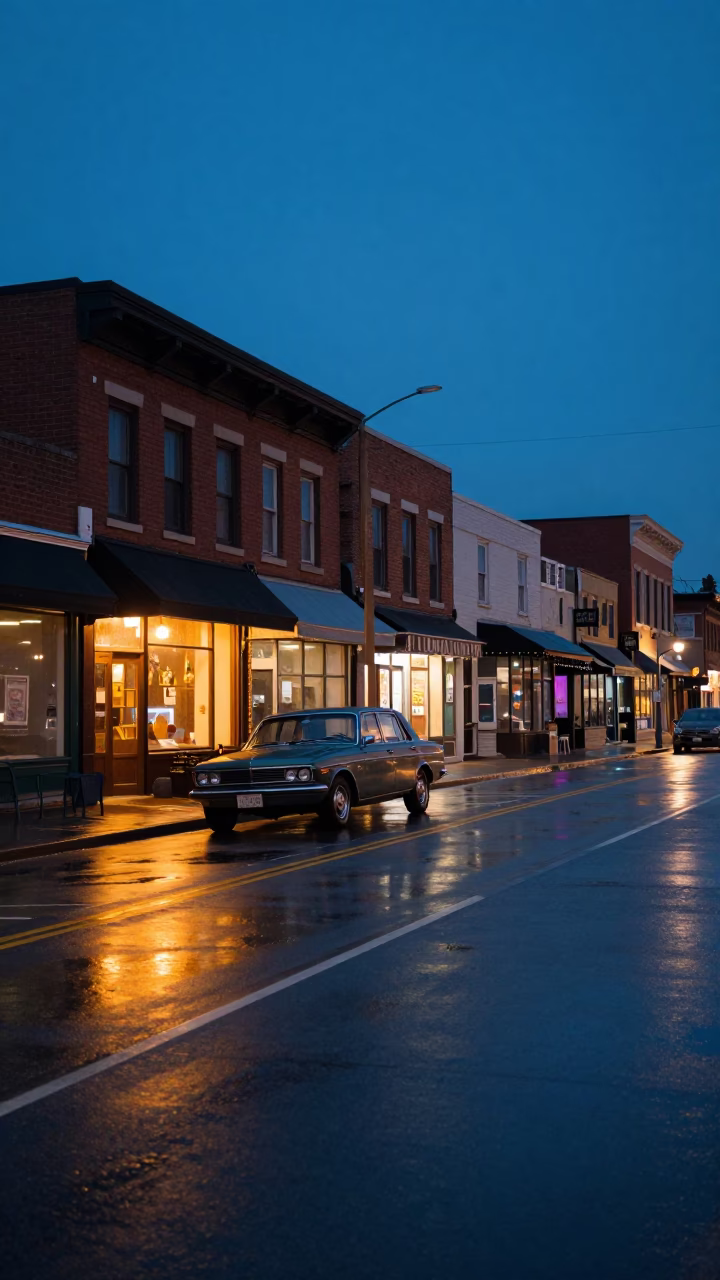 Toronto Blue Hour Street Scene with Vintage Elements and Urban Reflections in in Toronto, Ontario, Canada