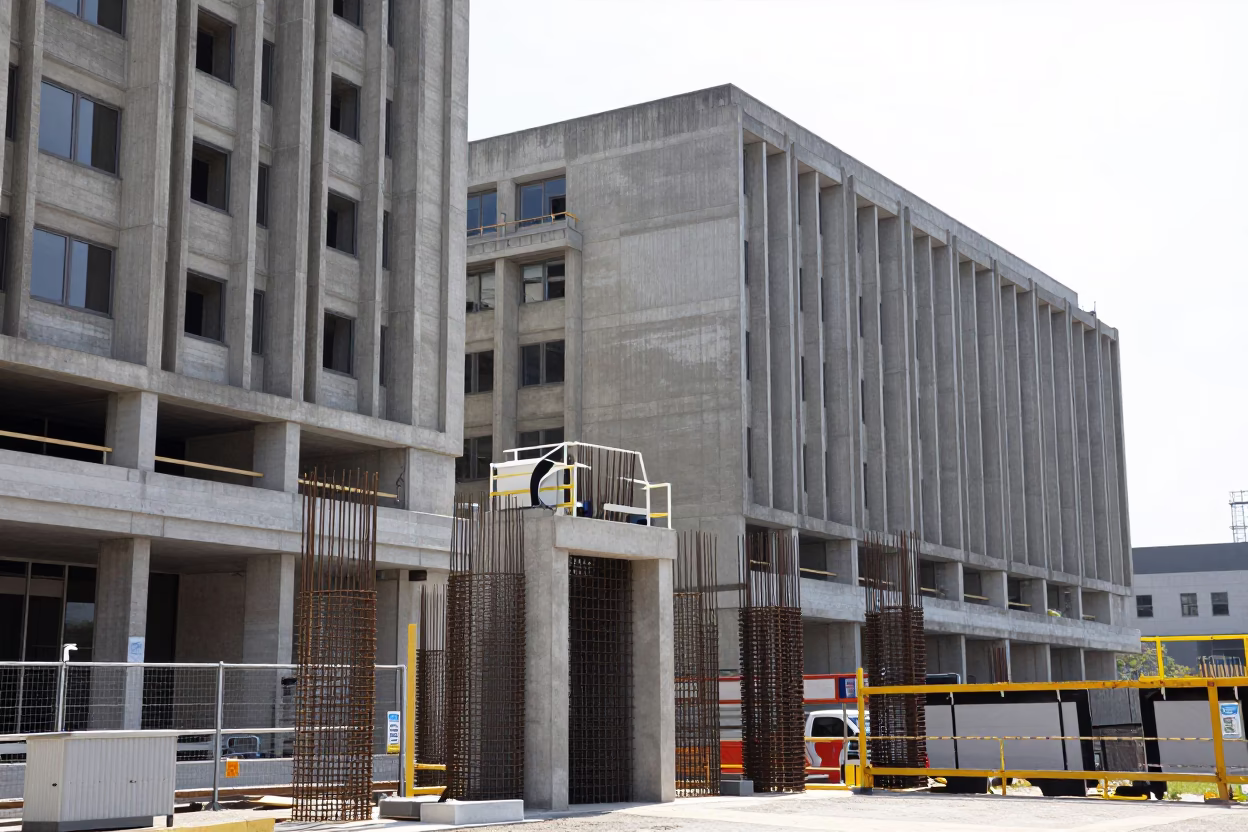 Toronto Brutalist University Campus Midday Construction Elevator Gate Rebar Bundle in in Toronto, Ontario, Canada