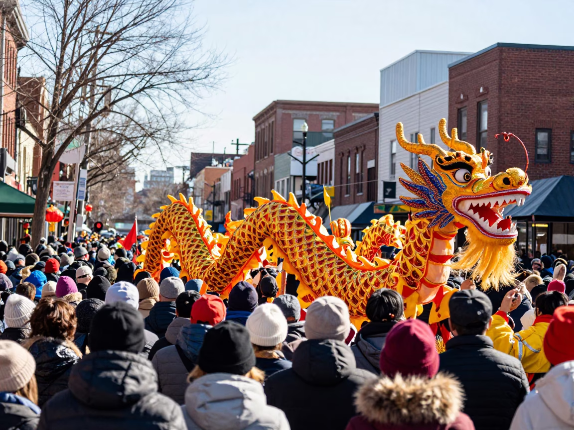 Toronto Chinatown Dragon Dance Parade Crowd in Bright Midmorning Light in in Toronto, Ontario, Canada