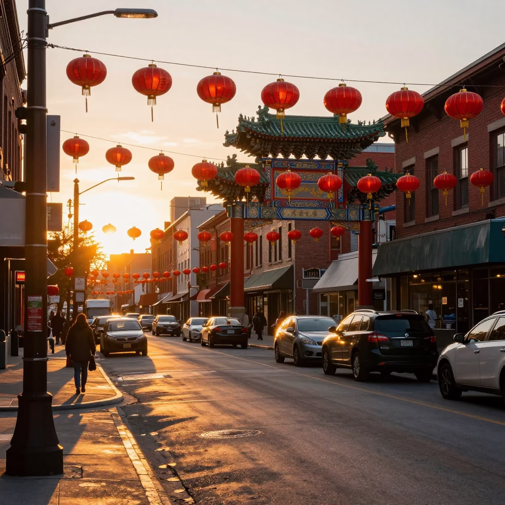 Toronto Chinatown Sunset Street Scene with Red Lanterns and Crowd in in Toronto, Ontario, Canada