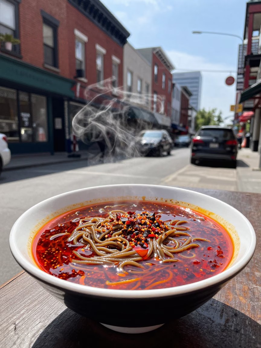 Toronto Chinatown Tantanmen Ramen Bowl Chili Oil Noon Street Scene in in Toronto, Ontario, Canada