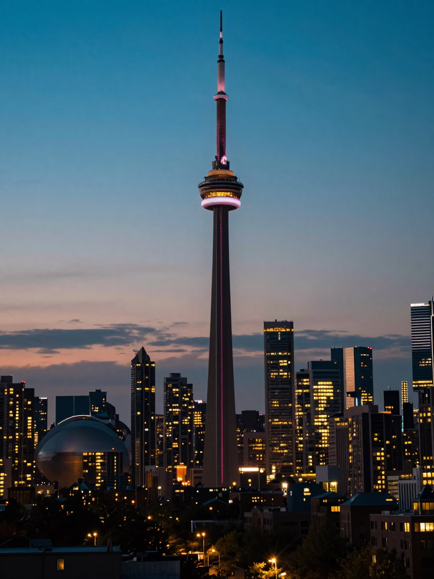 Toronto City Lights Glow at Dusk with CN Tower and Urban Street Life in in Toronto, Ontario, Canada