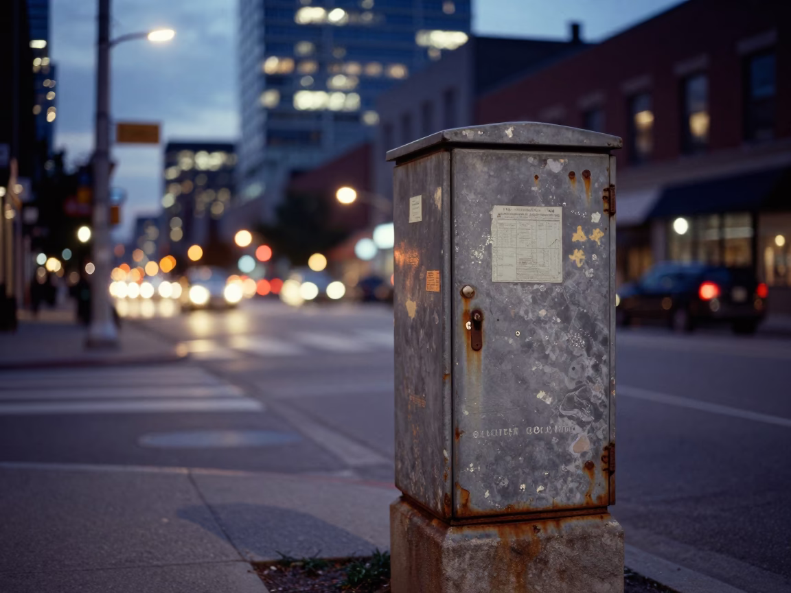 Toronto City Lights Glow Over Urban Street Scene with Rust and Pruning Shears in in Toronto, Ontario, Canada